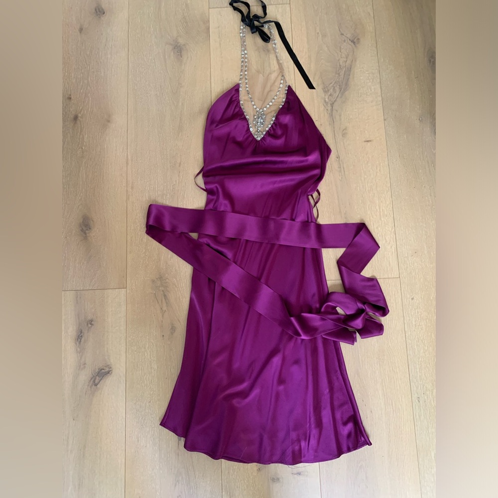 Miguelina Satin Dress with Beaded Neckline